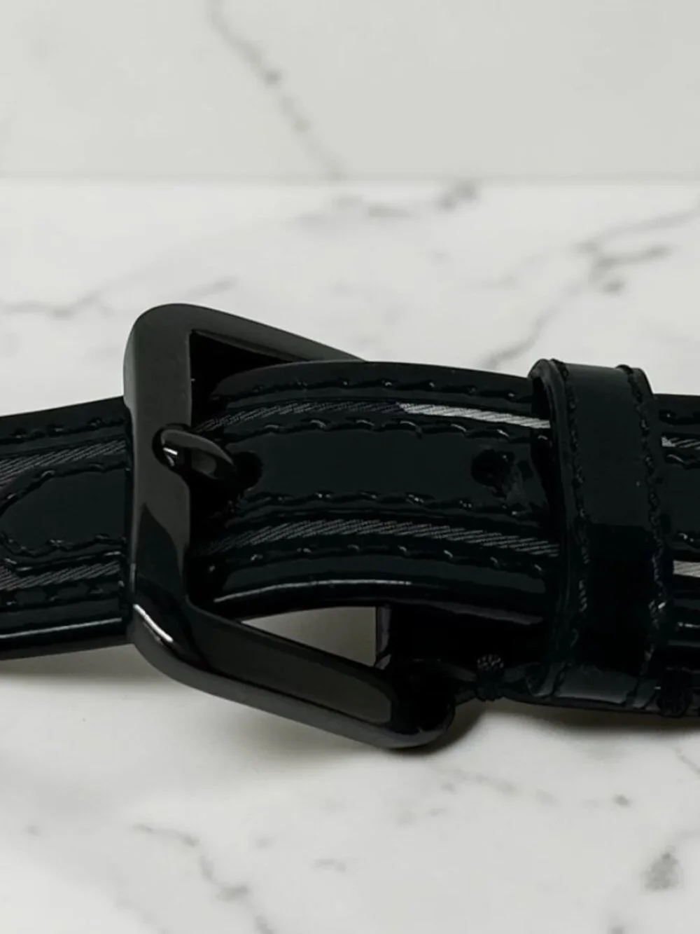 Burberry Black Beat Check and Patent Leather Belt, Size US 32